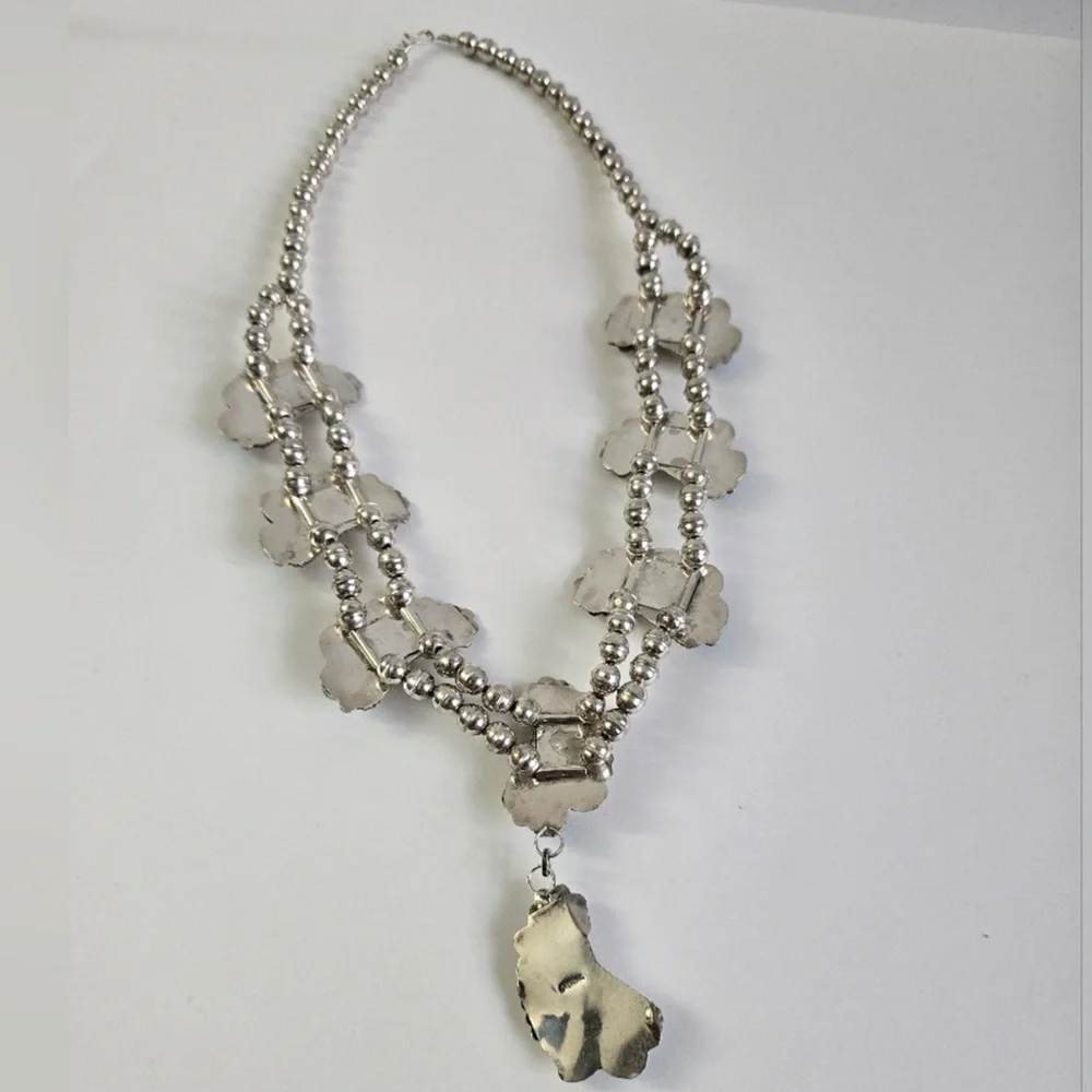 Sterling Silver 925 and Turquoise Floral Squash Blossom Necklace - Picture 13 of 16